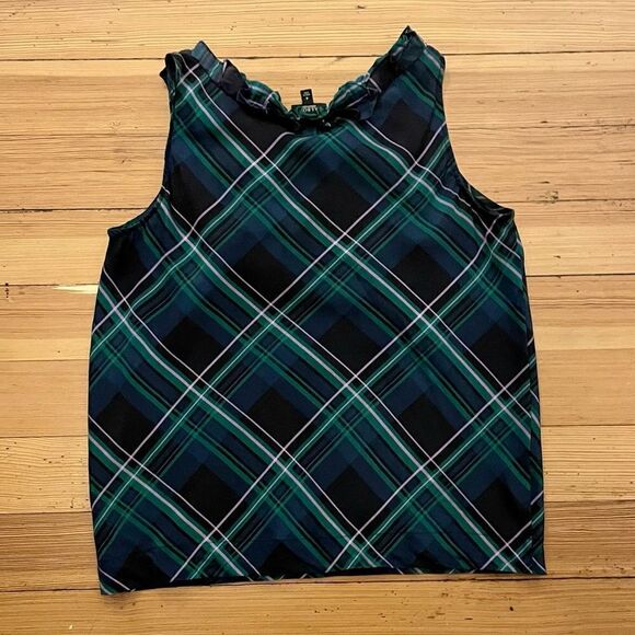 Talbots silk plaid ruffle neck shell. Size 0. - Picture 2 of 7